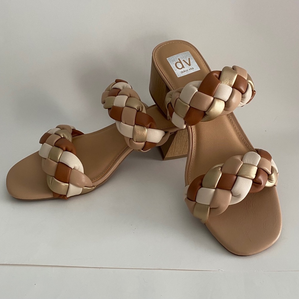 Dolca Vita Sully Neutral Chunky Heel Slide 4 Braided Gold/Brown/Tan/Ivory NWOT